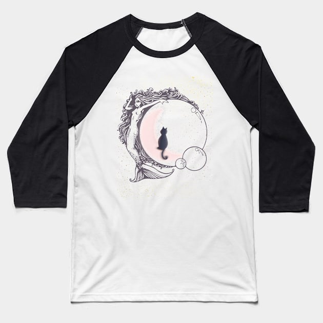 Beauty Mermaid with Cat Baseball T-Shirt by JwShop91